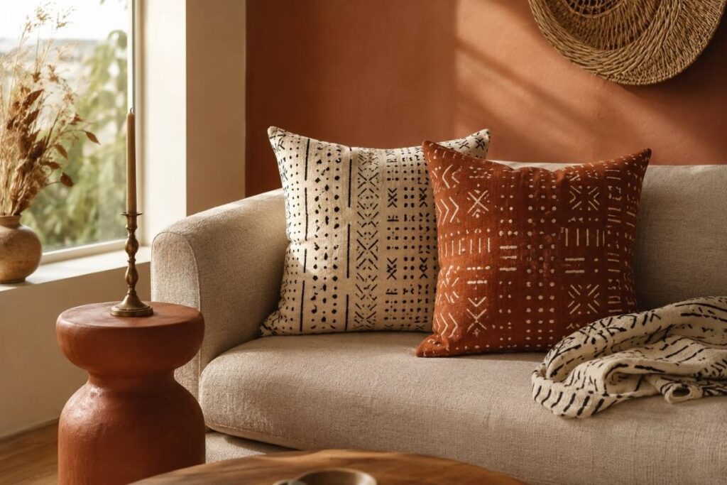 DIY mudcloth pillow covers in cream and rust styled on an oat-linen sofa with folded throw
