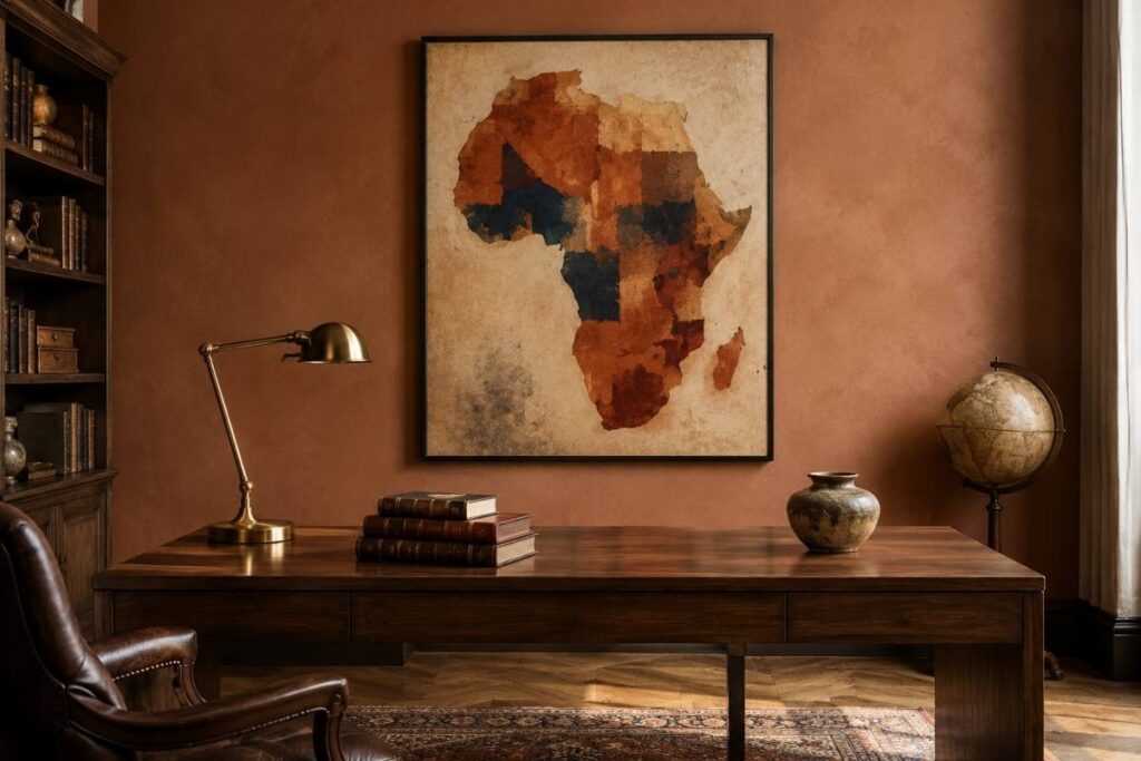 Father's day wall art gift guide image — a single framed abstract Africa map above a walnut desk in a dignified home office