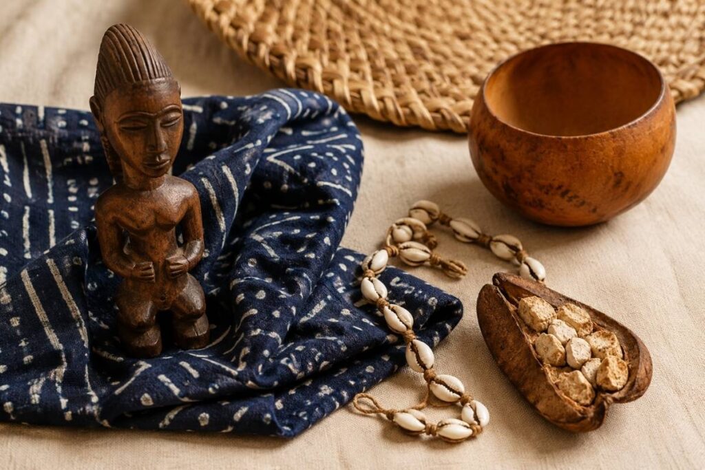 Senegalese symbols meanings still life with indigo Wolof cloth, cowrie shells, calabash bowl, and baobab — cultural objects from Senegal