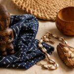 Senegalese symbols meanings still life with indigo Wolof cloth, cowrie shells, calabash bowl, and baobab — cultural objects from Senegal