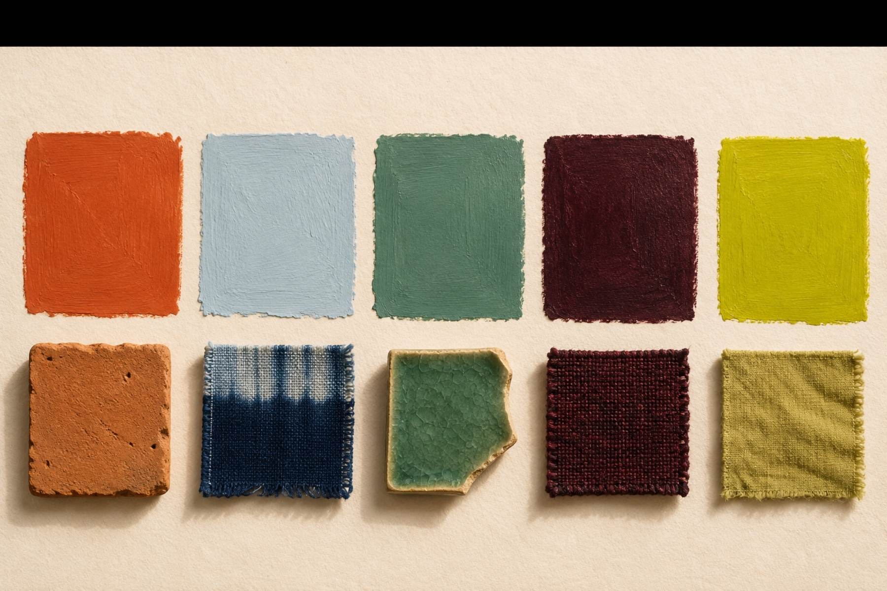 2026 color trends paired with their African sources — persimmon with terracotta, cool blue with indigo, jade, plum noir and wasabi swatches