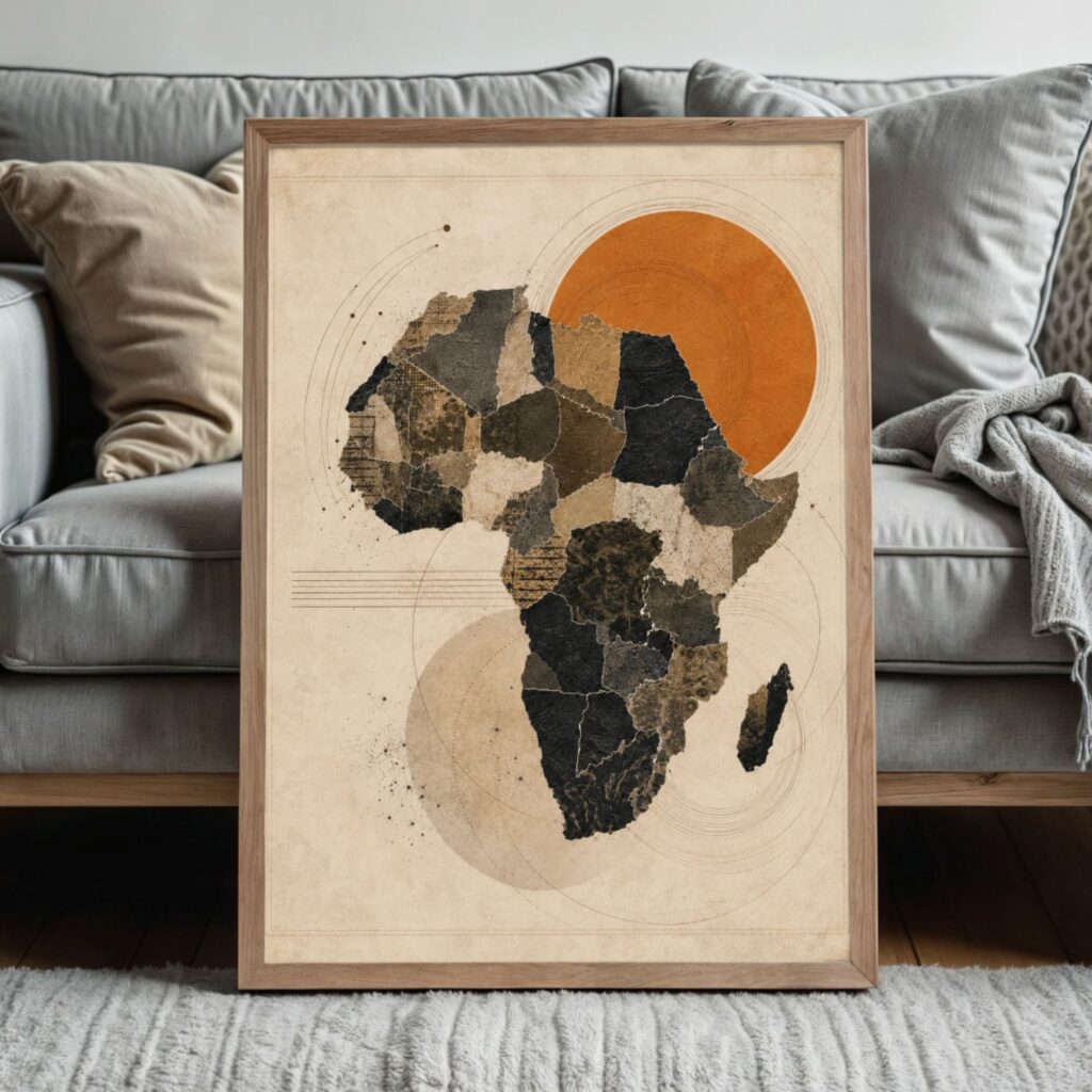Africa Map Textured Collage Print, Mixed Media Afrocentric Wall Art, Boho Earth Tone Decor