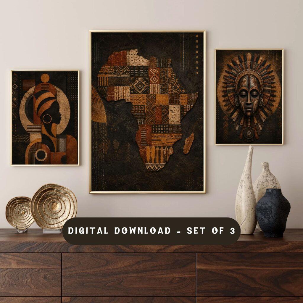 Black Woman, Tribal Mask, Africa Map Set (3), Afrocentric Gallery Wall, Cultural Art Prints