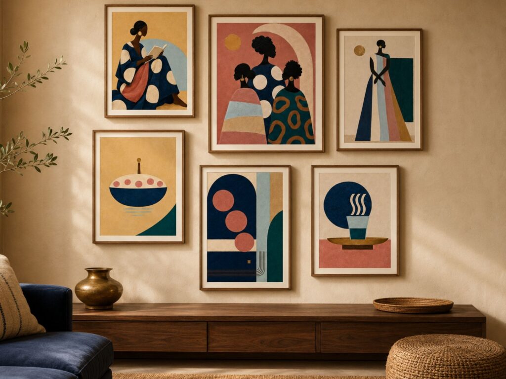 Afrocentric Gallery Wall Set (6), Black Women Art, Modern Eclectic Decor, Navy Pink Textured Printable