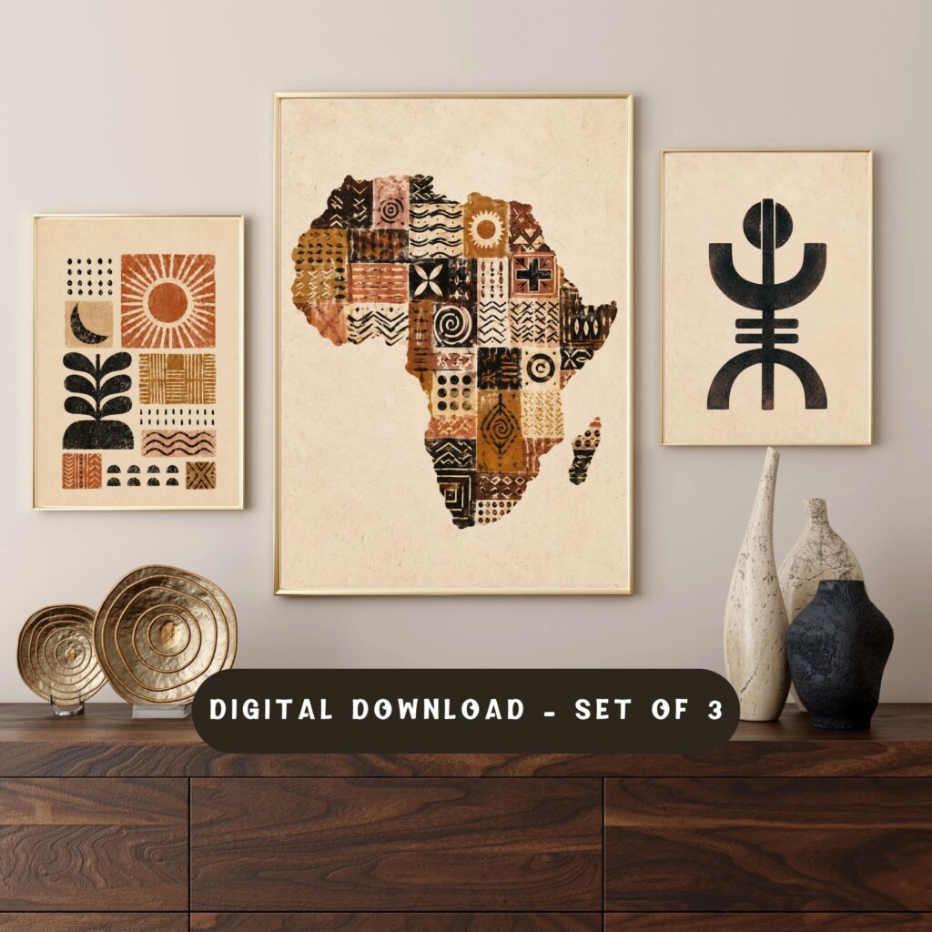Afrocentric Wall Art Set-3_Africa Map Print, African Boho Decor, Terracotta Textile Poster