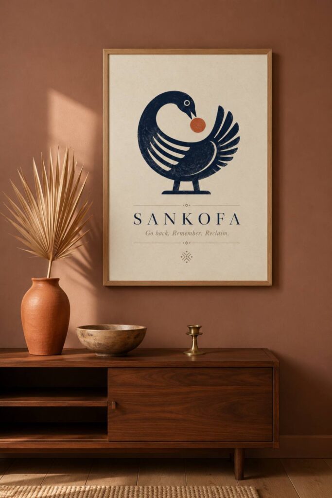 DIY Sankofa wall art print framed in natural oak above a walnut console with terracotta vase and brass candle holder