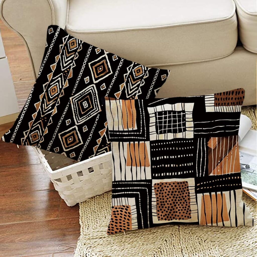 African Mud Cloth Tribal Decorative Throw Pillow Covers | 20 x 20 Set of 4, Boho Ethnic Geometric Abstract Porch Outdoor Home Decor, Black Brown Vintage Earthy Rustic Sofa Couch. These boho pillows add a stylish ethnic vibe to any room.