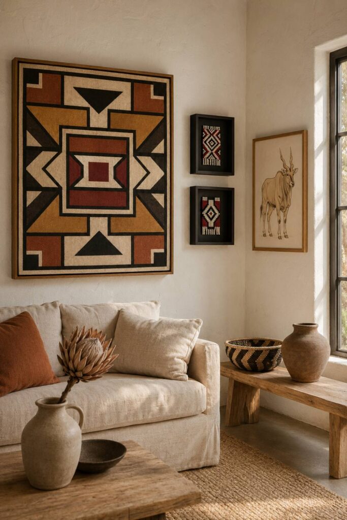 South African symbols styled at home — Ndebele geometric print, Zulu beadwork panels and an ochre eland
