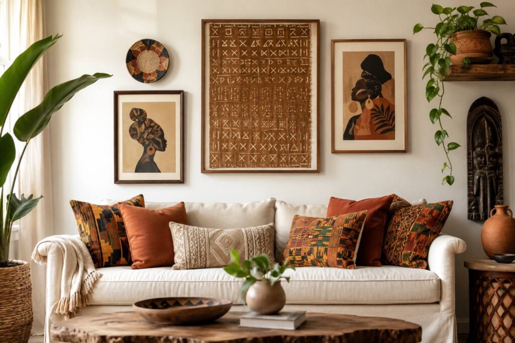 an afro-bohemian living room wall mixing one framed mudcloth textile, two framed afrocentric art prints, and one small round woven wall basket, above a cream sofa layered with kente-inspired and terracotta pillows, trailing pothos on a shelf.