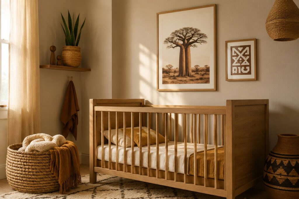 a warm nursery with a natural wood crib, cream and ochre bedding, one framed baobab tree art print and one small framed Adinkra symbol print on the wall, woven basket of blankets, soft rug, Sansevieria out of reach on a shelf. 