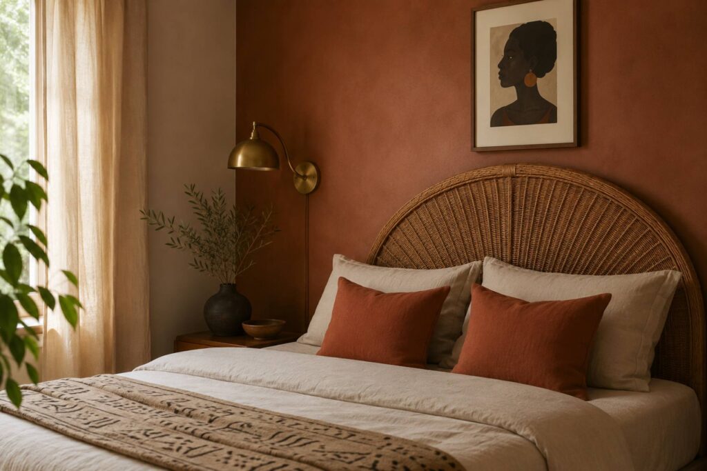 an afro-boho bedroom with a natural rattan arch headboard, oat linen bedding with a folded mudcloth throw at the foot, two terracotta pillows, one framed Black woman portrait in a walnut frame above the bed, brass wall sconce, warm clay accent wall