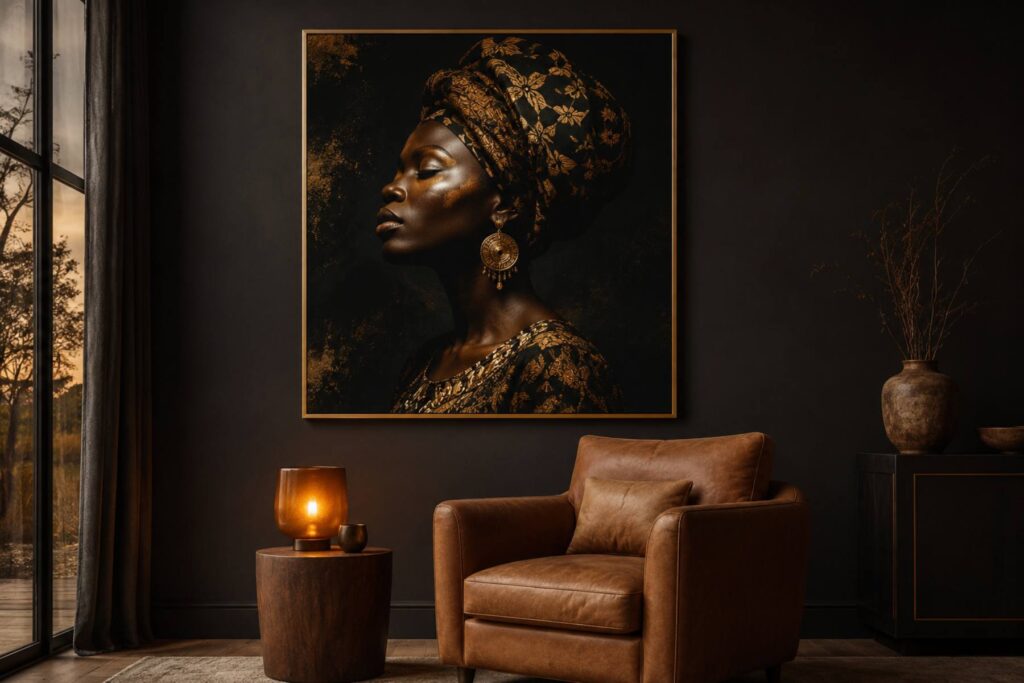 moody living room wall painted deep charcoal, one large gold-accented Black woman portrait print in a brushed brass frame, a caramel leather armchair beneath, small walnut side table with an amber glass lamp glowing warm