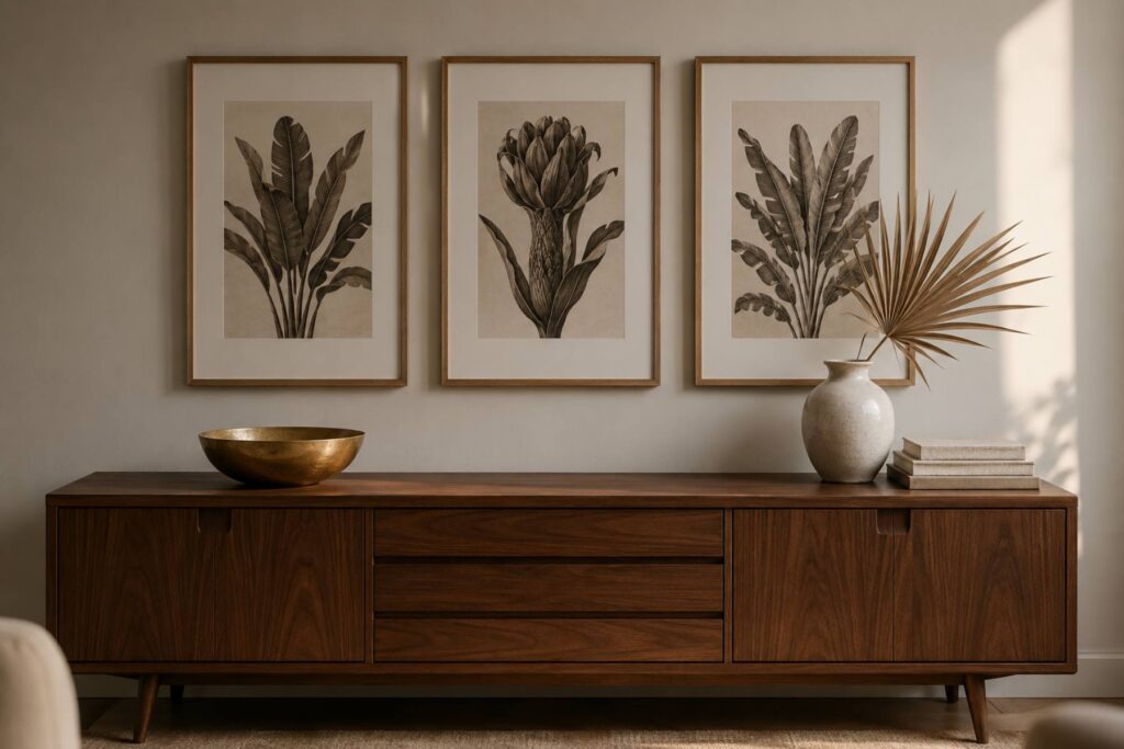 a mid-century walnut sideboard, above it three framed neutral African botanical prints in thin oak frames hung level, on the sideboard a brass bowl, ceramic vase with a dried palm frond, small stack of linen-bound books.