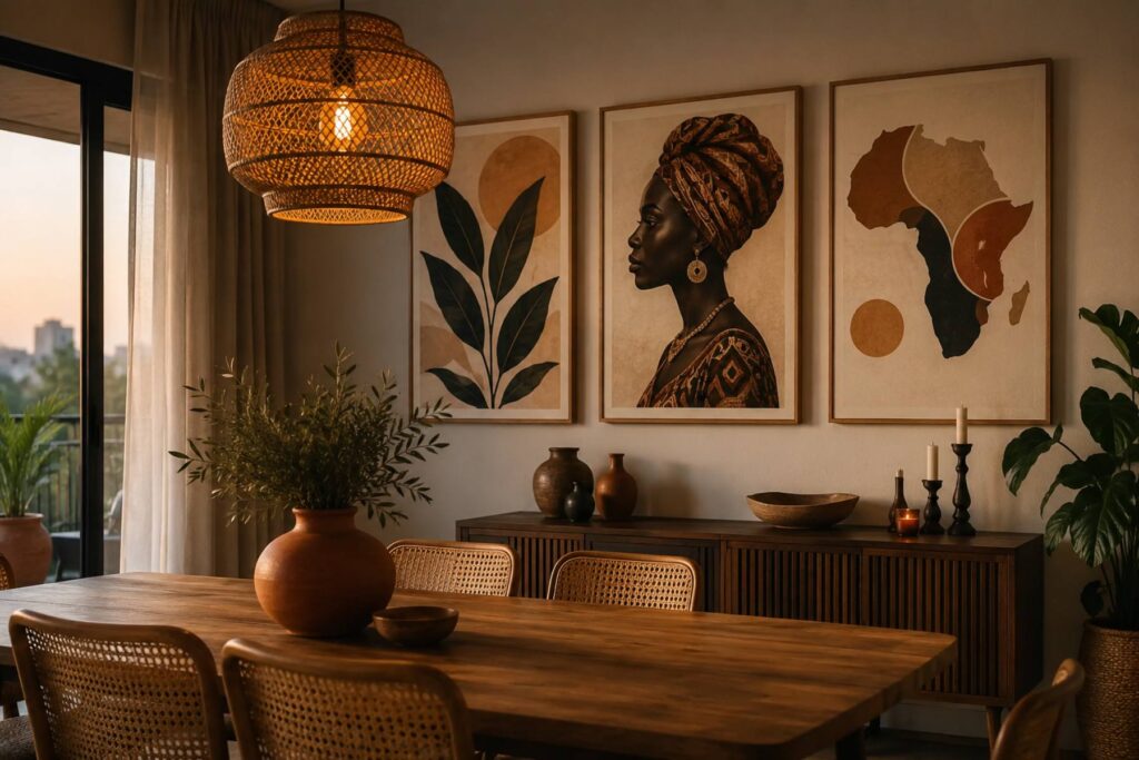 a dining room with an oak table and cane chairs, above a low sideboard a set of three coordinated afrocentric prints — botanical, portrait, map — in oak frames, woven pendant light over the table, terracotta vase centerpiece