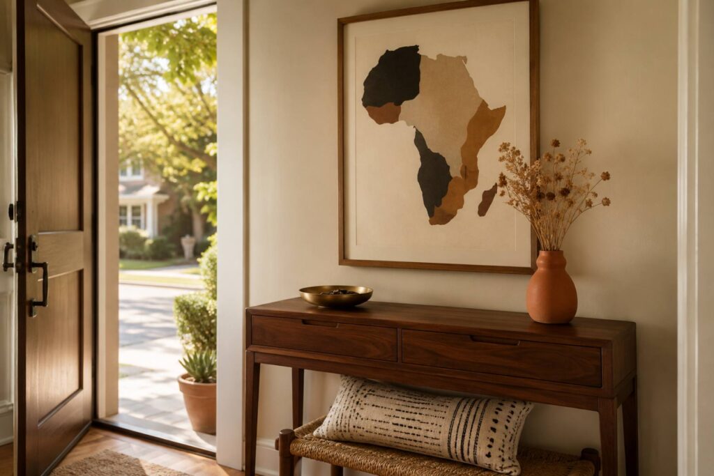 a narrow entryway with a walnut console, one large framed abstract Africa map print above it, a brass bowl for keys, small terracotta vase with dried flowers, woven bench with a mudcloth cushion, warm cream wall.