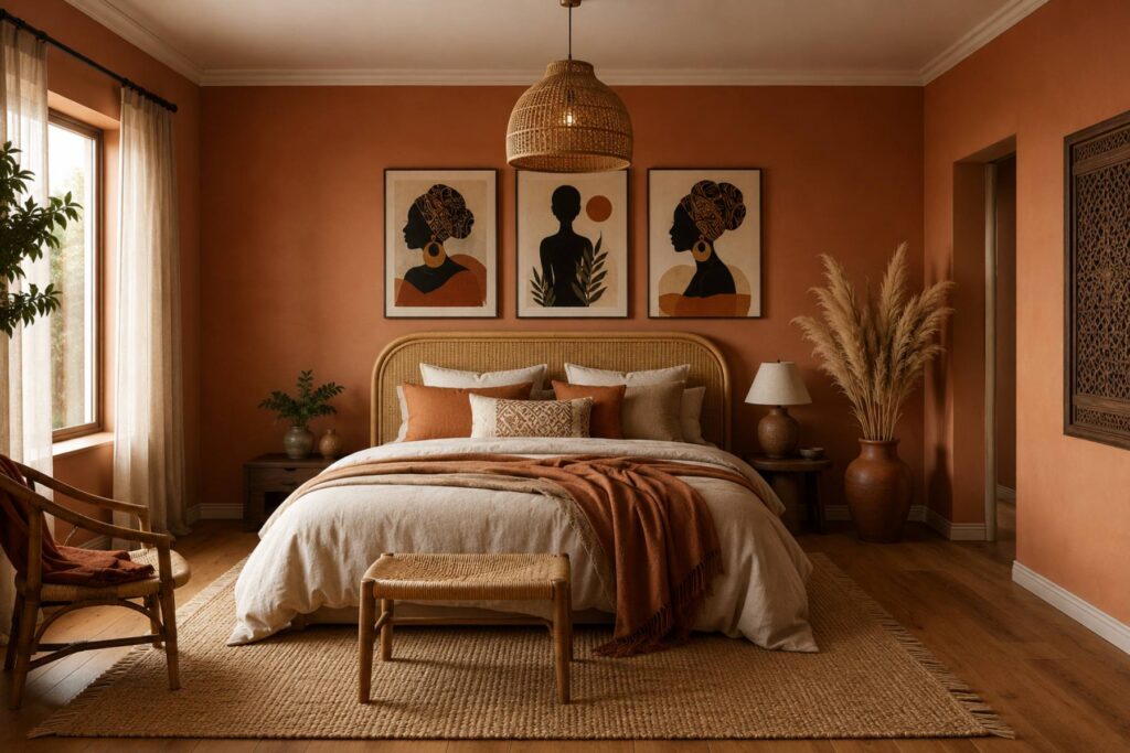  a complete afro-boho bedroom: rattan headboard, layered earth-tone bedding, gallery of three framed afrocentric prints above, woven pendant lamp, jute rug over oak floor, terracotta floor vase with pampas grass, warm clay walls.