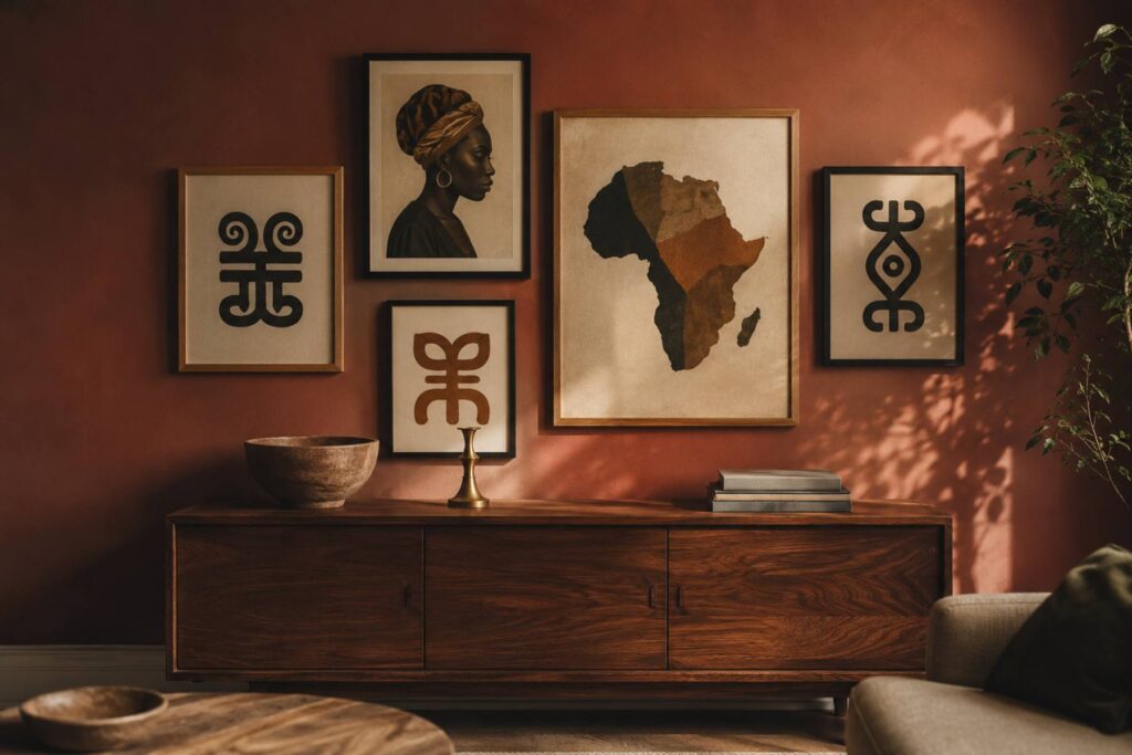 a walnut console table against a warm clay wall, above it an asymmetric gallery wall of five framed afrocentric prints in mixed oak and black frames — Adinkra symbols, a Black woman portrait, an abstract map