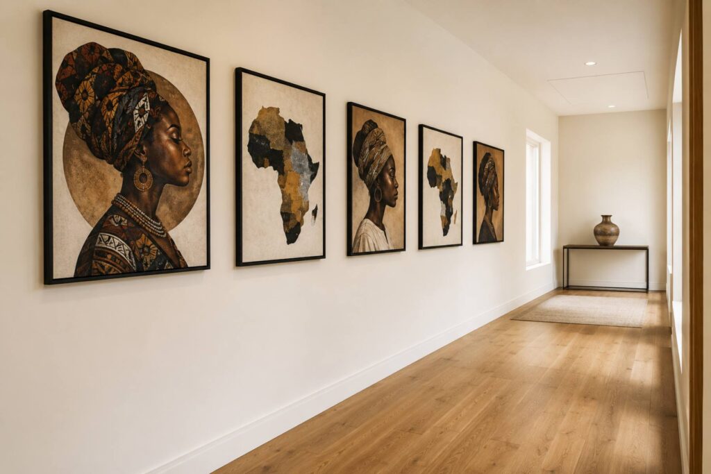 a long hallway with a run of five framed afrocentric prints in identical thin black frames hung at even eye-level spacing — alternating portraits and abstract maps — oak floor, warm white walls, one slim console at the end with a clay vessel.