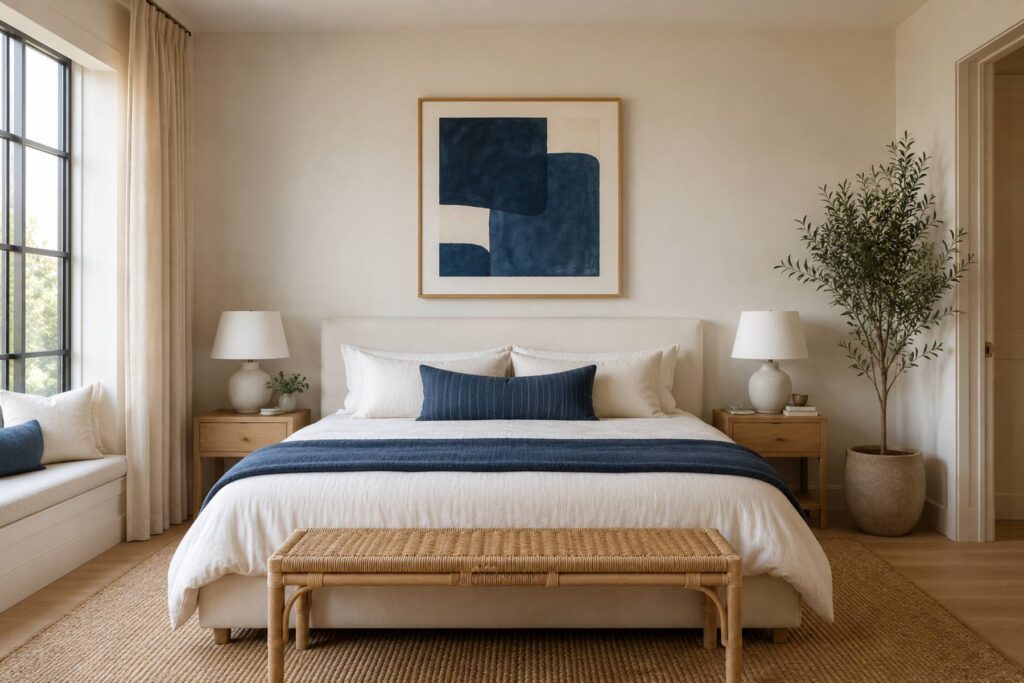 a bedroom with cream walls and bedding accented by deep indigo: an indigo throw at the foot of the bed, indigo lumbar pillow, above the bed one framed indigo abstract print in an oak frame, rattan bench at the foot, woven jute rug