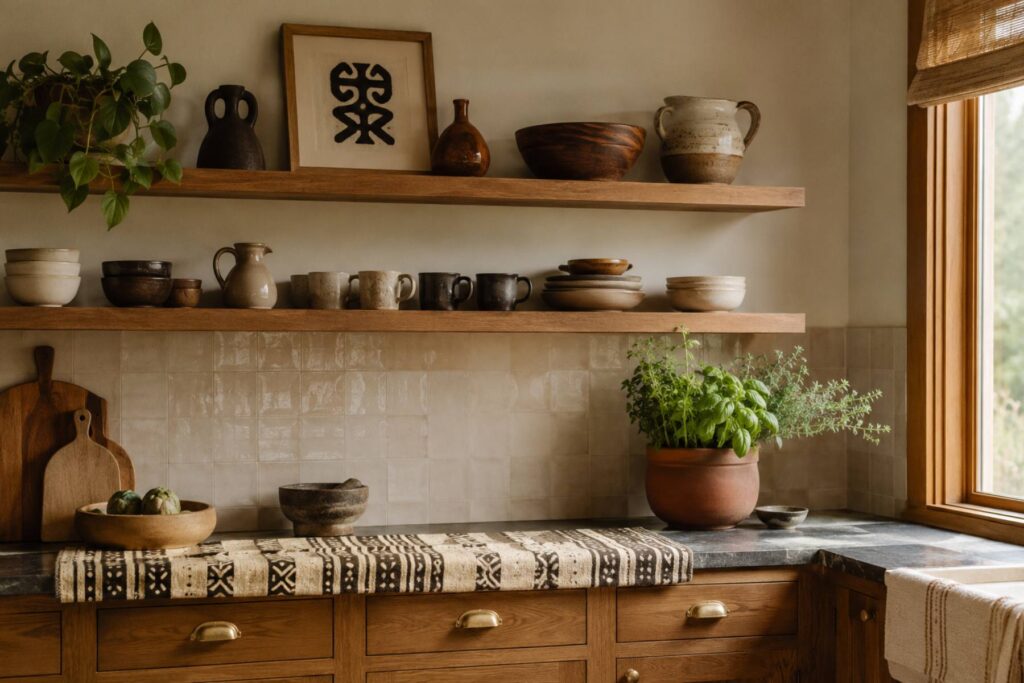 a warm kitchen with oak open shelving styled with hand-thrown stoneware, one small framed black-on-cream Adinkra symbol print leaning on the top shelf, mudcloth table runner on the counter, brass cabinet hardware, terracotta pot of fresh herbs, The kitchen with framed Adinkra