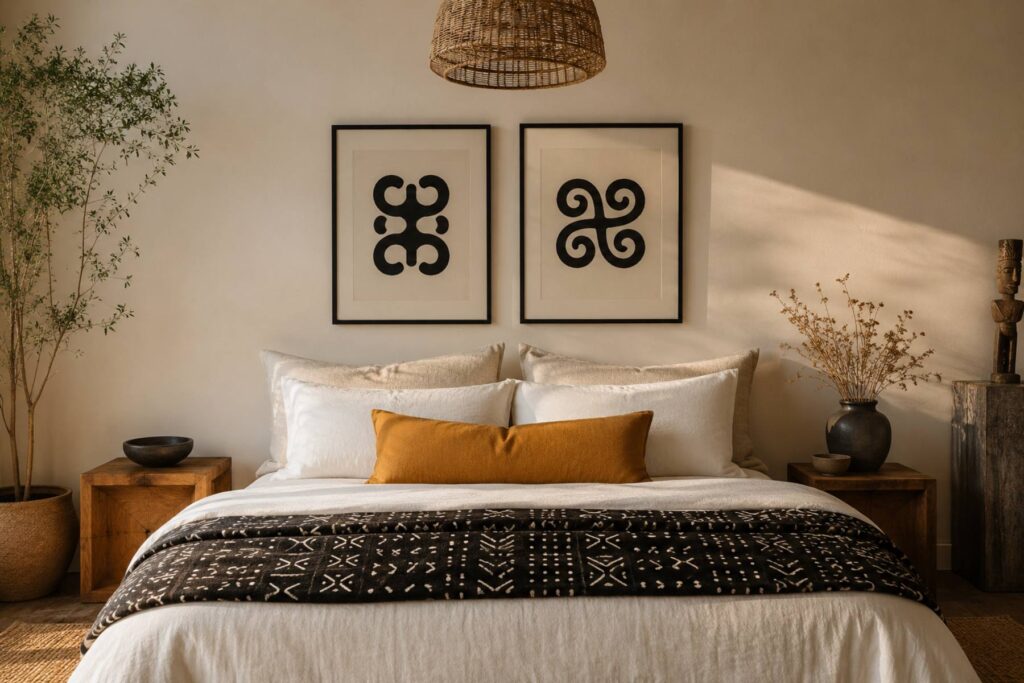 a bedroom bed styled with layered textiles: white linen base, black-and-white mudcloth duvet folded at the foot, ochre lumbar pillow, above the bed a pair of framed Adinkra symbol prints in black frames, woven pendant light overhead