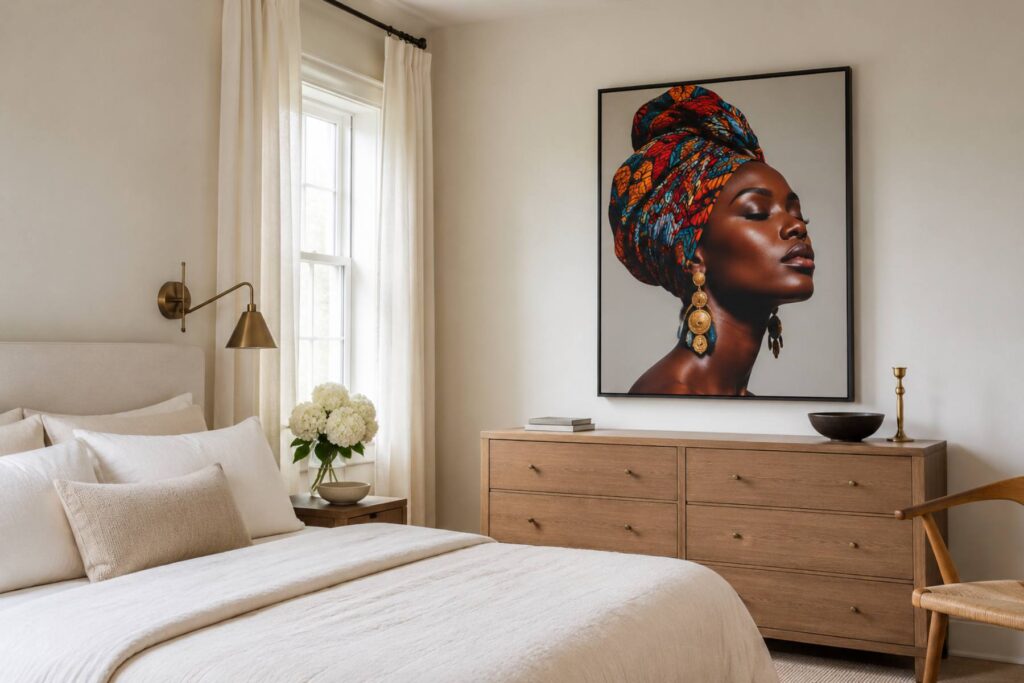 an all-neutral bedroom — ivory bedding, oak furniture, cream walls — with a single large colorful editorial Black woman portrait print in a thin black frame as the only saturated element in the room, small brass accents.