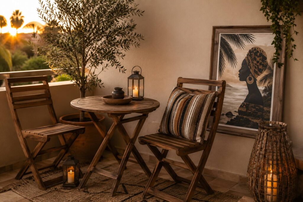 a small balcony styled afro-boho: acacia bistro set, striped earth-tone outdoor cushion, potted olive tree, lanterns with warm candles, one weatherproof framed coastal afrocentric print leaning against the wall. 
