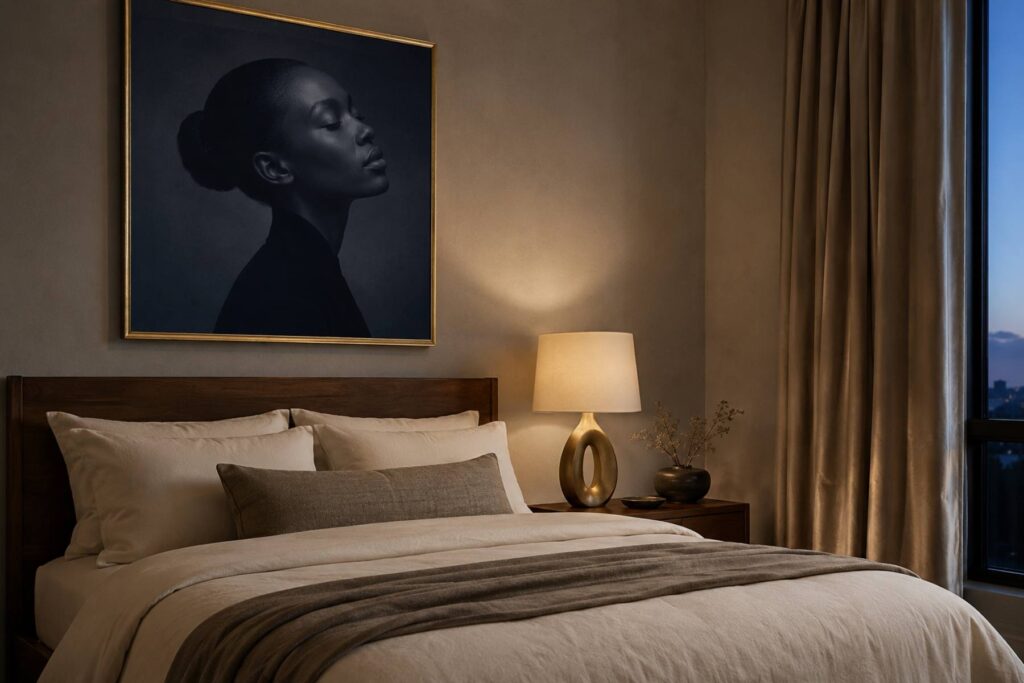 an elegant bedroom in muted earth tones — greige walls, walnut bed frame, ivory bedding, one large framed indigo-toned Black woman portrait in a brass frame above the bed, sculptural table lamp with warm glow, silk-textured curtain edge visible.