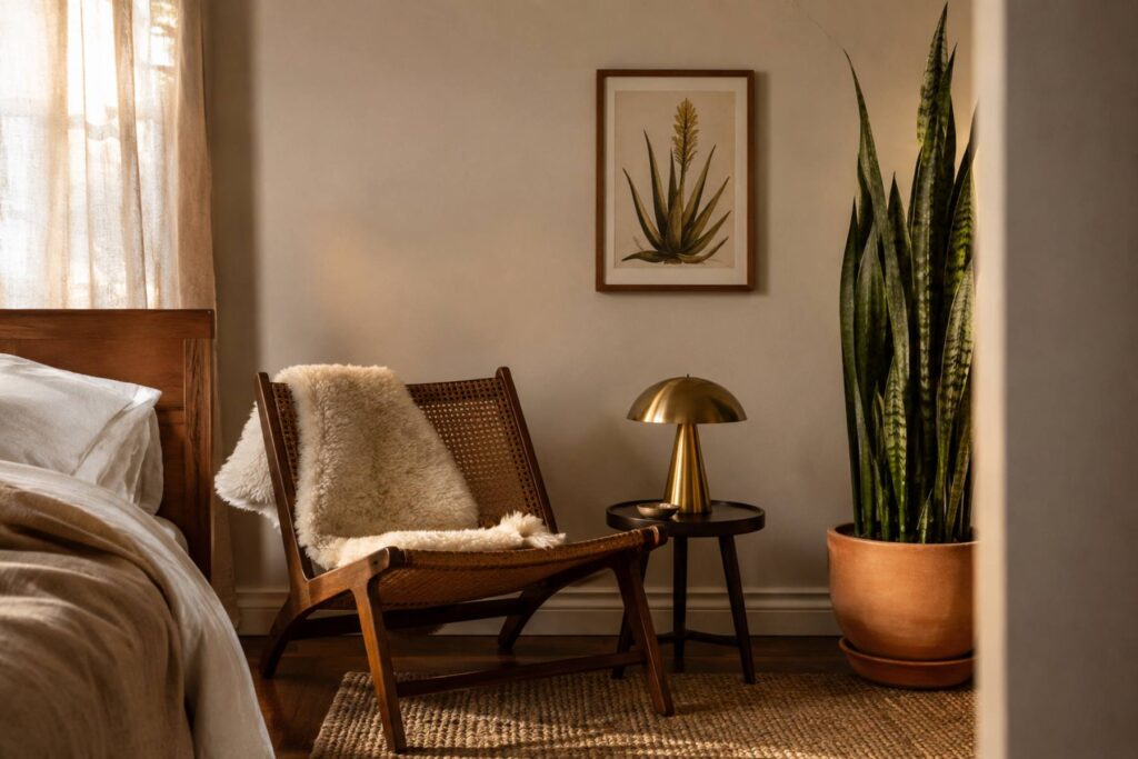  a bedroom corner with a low cane chair, sheepskin throw, small round side table with a brass lamp, tall Sansevieria in a terracotta pot, one small framed African botanical print on the wall, warm cream walls
