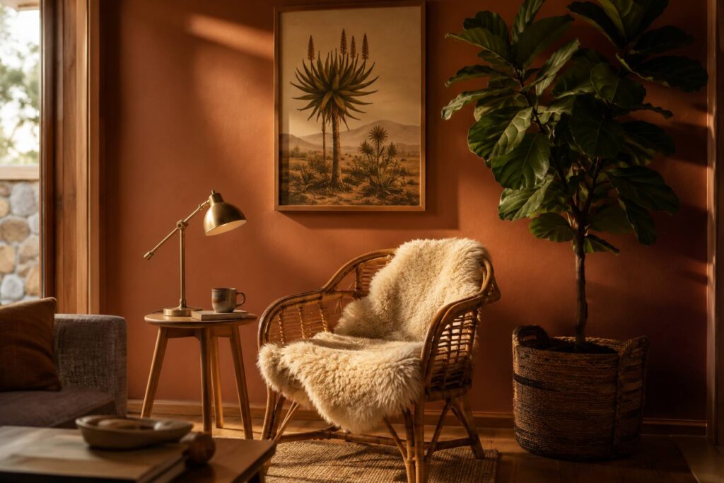 a cozy reading corner: a natural rattan armchair with a cream sheepskin, a small side table with a brass reading lamp and a ceramic cup, one framed African botanical print on the wall, a tall fiddle-leaf fig in a woven basket planter, terracotta-painted wall behind