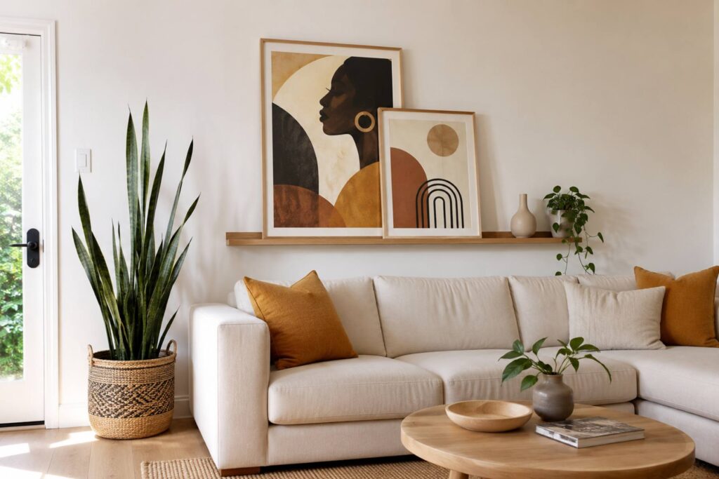 a bright rental living room with a large framed afrocentric abstract print leaning on a slim oak picture ledge, a second smaller frame overlapping it, cream sofa with ochre pillows, jute rug, woven floor basket with a snake plant.