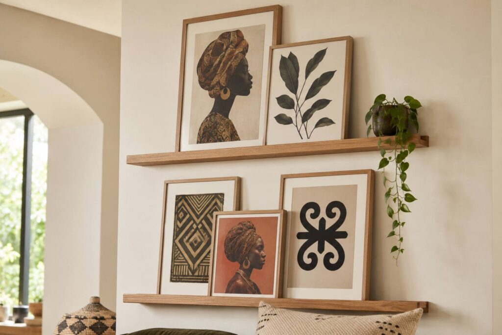 a rental-friendly wall with two slim oak picture ledges stacked, layered with five overlapping framed afrocentric prints of varied sizes — portraits, Adinkra, botanical — plus one small trailing plant at the ledge end, cream wall, no nails visible