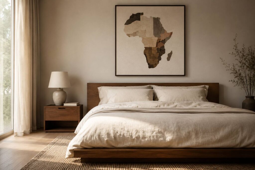a minimalist bedroom, low oak platform bed with cream linen bedding, one large framed abstract Africa map print in earth tones centered above the headboard, small walnut nightstand with a ceramic lamp and one book