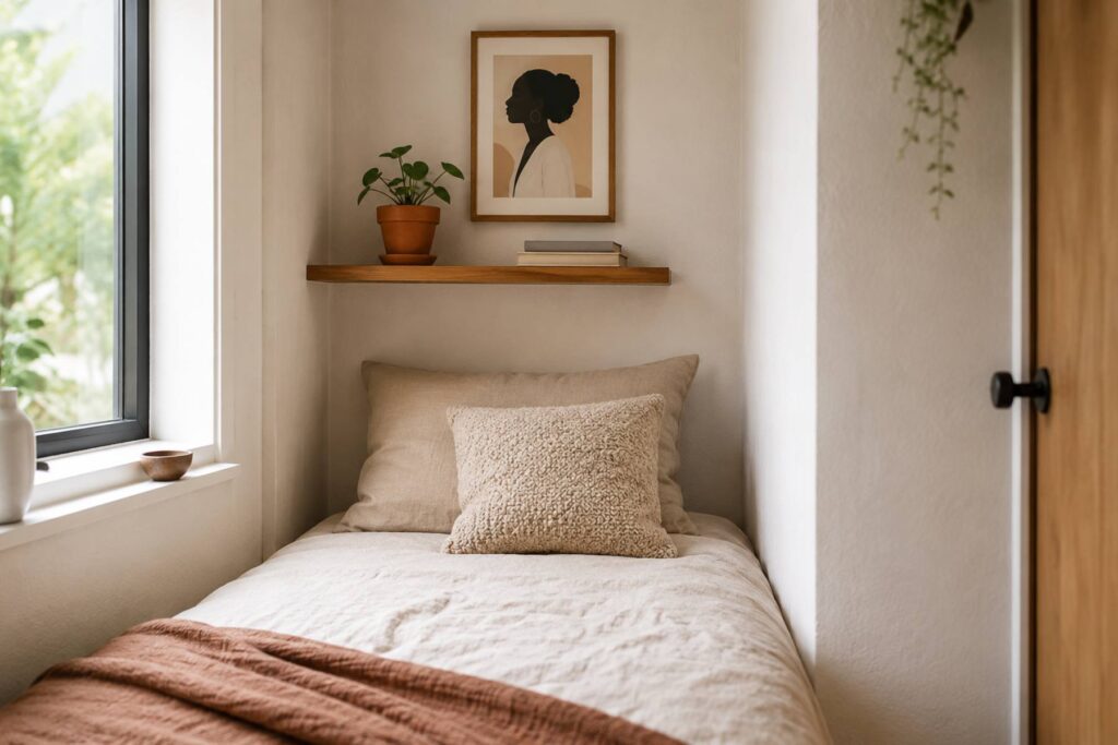  a compact bedroom corner: narrow bed with oat linen bedding against the wall, one small framed Black woman art print above the pillow, floating oak shelf with a tiny terracotta pot and two books, warm white walls maximizing light