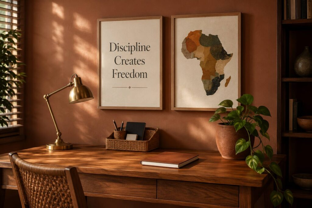 a home office with an acacia wood desk, one framed motivational quote poster and one framed abstract Africa map above it in matching oak frames, brass task lamp, woven desk organizer, terracotta pot with a trailing pothos, warm clay wall