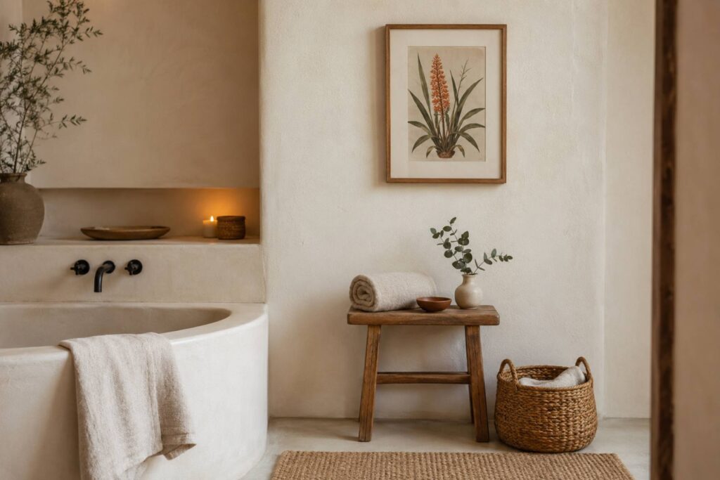 a calm bathroom with warm white walls, one framed small African botanical print above a wooden stool holding a rolled linen towel and a clay soap dish, eucalyptus sprig in a bud vase, woven basket for towels