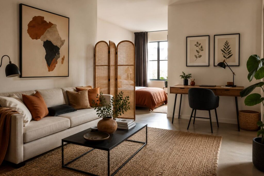  studio apartment where art defines zones: one large abstract Africa map above the sofa zone, two small botanical prints above the desk zone, consistent earth-tone palette of terracotta, cream and charcoal tying both zones together, jute rug, woven room-divider screen. 