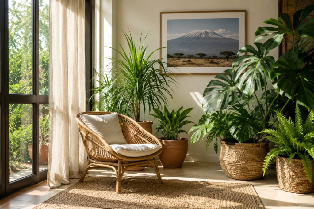 a bright sunroom corner with a rattan lounge chair, cluster of plants in terracotta and woven planters, one framed Mount Kilimanjaro landscape print on the wall, jute rug, linen curtain catching light.