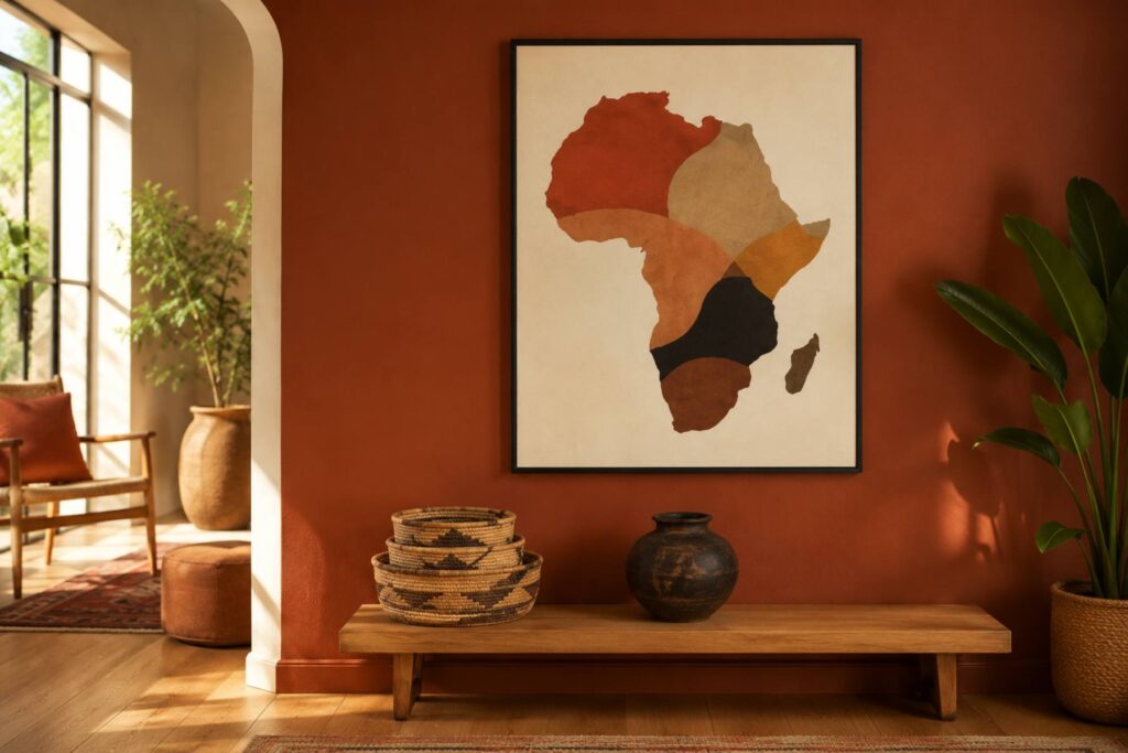 a living room corner with a rich terracotta-painted accent wall, a single oversized framed abstract Africa map print in a thin black frame, a low oak bench beneath it holding a stack of woven baskets and a dark clay vessel, oak floor