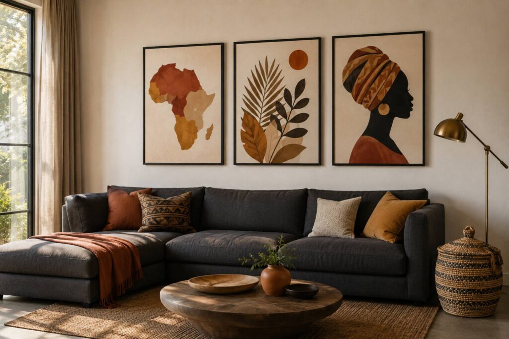 pacious living room with a low charcoal sectional, a set of three coordinated afrocentric art prints in matching thin black frames hung in a horizontal row above it — abstract Africa map, botanical, portrait — earth-tone palette of terracotta, ochre and cream, woven basket beside the sofa, brass floor lamp