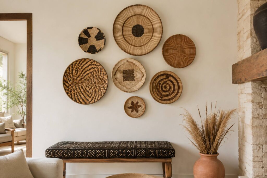 warm white living room wall decorated with a cluster of seven flat woven African baskets in varied sizes and natural tones arranged organically, a bench with mudcloth cushion below, terracotta vase with dried grasses