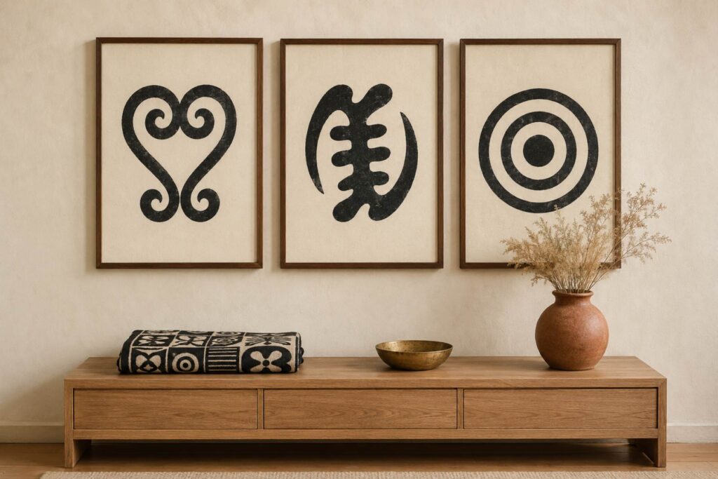 Framed Adinkra symbol wall art — Sankofa, Gye Nyame and Adinkrahene in charcoal on cream — above a wooden console with stamped Adinkra cloth