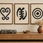 Framed Adinkra symbol wall art — Sankofa, Gye Nyame and Adinkrahene in charcoal on cream — above a wooden console with stamped Adinkra cloth
