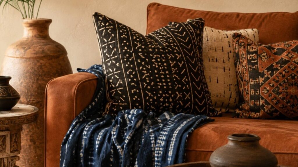 Afro-Bohemian decor details: mudcloth, adire, clay