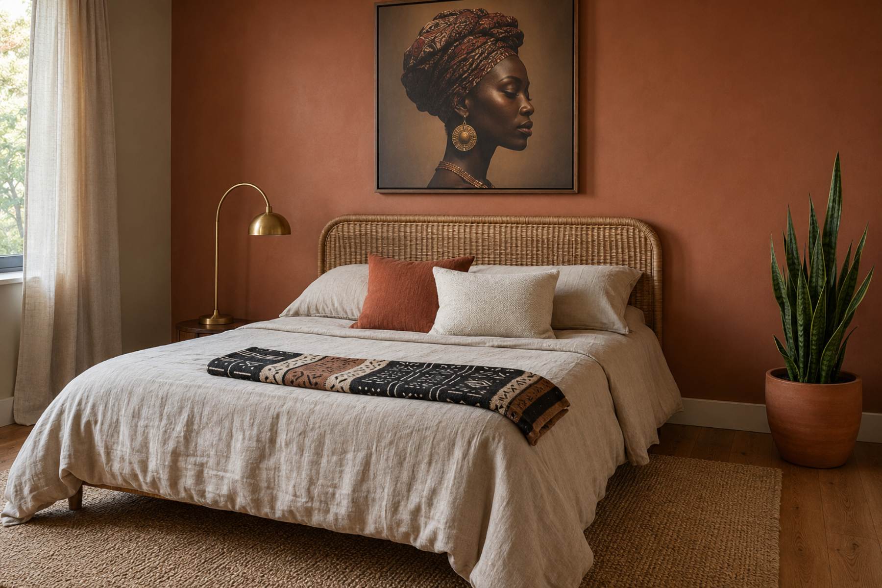Afro-boho bedroom with rattan headboard, mudcloth throw, framed Black portrait, brass lamp, warm terracotta accent wall