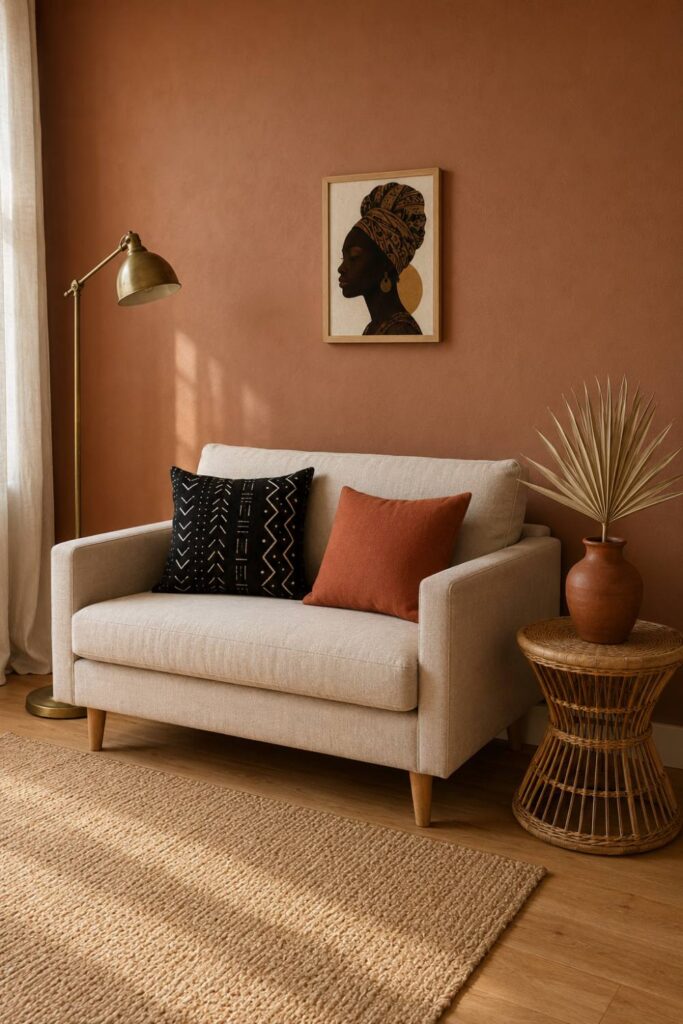 Afro-boho decor on a budget — small sofa with mudcloth and terracotta pillows, rattan side table, framed portrait, brass lamp