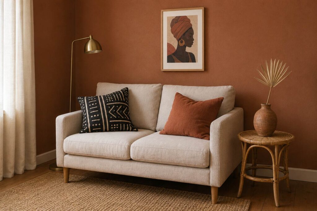 Afro-boho decor on a budget — small sofa with mudcloth and terracotta pillows, rattan side table, framed portrait, brass lamp