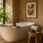 Afrocentric bathroom ideas — teak bath tray, framed botanical print, black soap on clay dish, fern and woven basket in warm tones