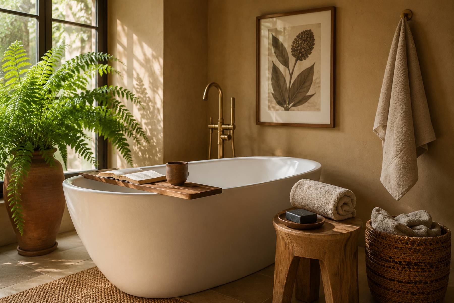 Afrocentric bathroom ideas — teak bath tray, framed botanical print, black soap on clay dish, fern and woven basket in warm tones