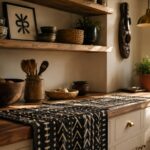 Afrocentric kitchen ideas — brass hardware, mudcloth runner, open shelving with stoneware and framed Adinkra print